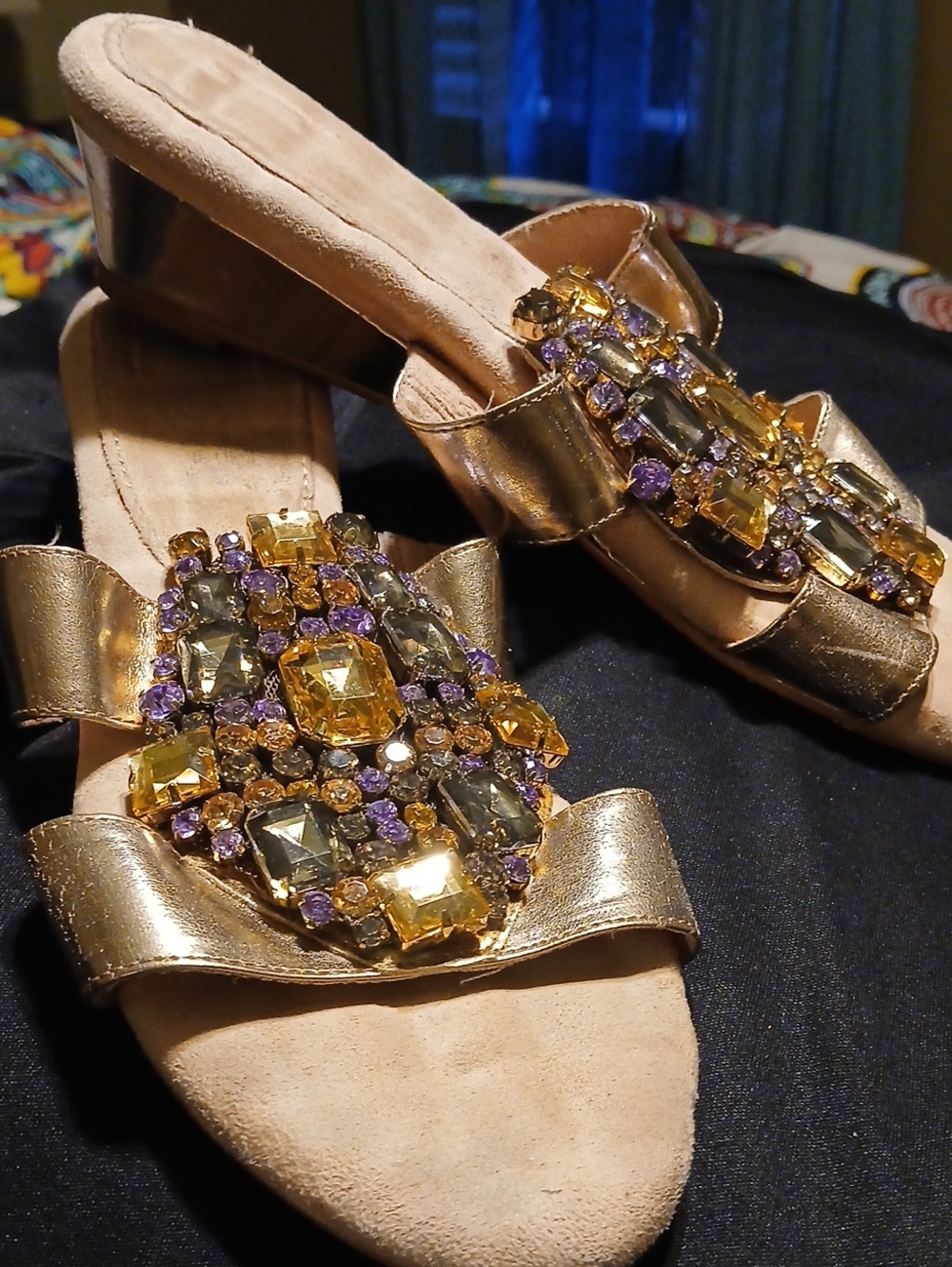 Joan Boyce Gold Jeweled Slide Mules with Purple and Amber Accents
